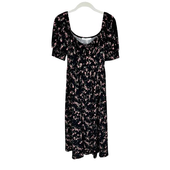 Lush Floral Midi Dress Size S Tie Bust Short Sleeve Black Pink Coquette Bow - Picture 2 of 8